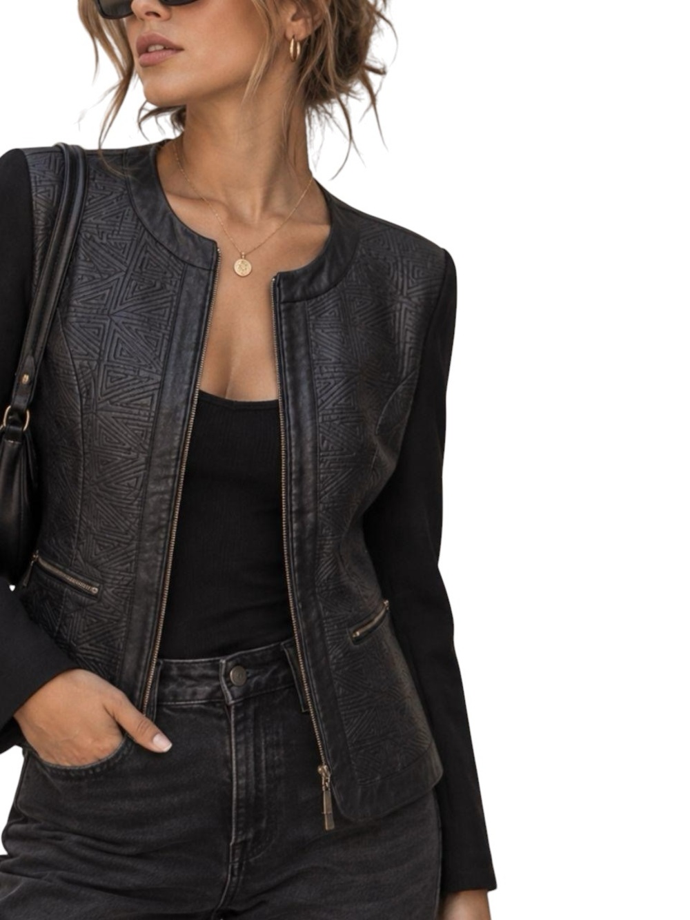 ❤️VTG 90s Women's Nygard Black Textured Minimalist Full Zip Fall Leather Jacket